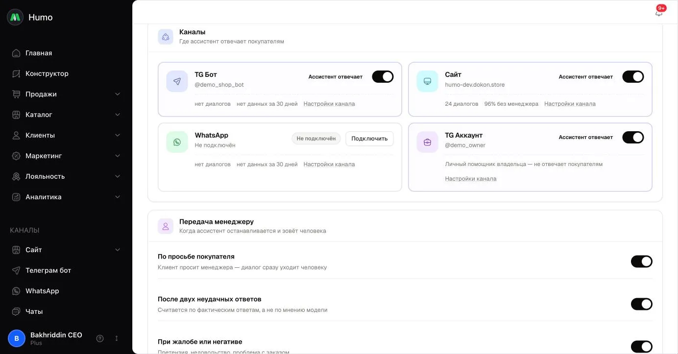 Вкладка «Каналы»: карточки каналов и правила передачи менеджеру