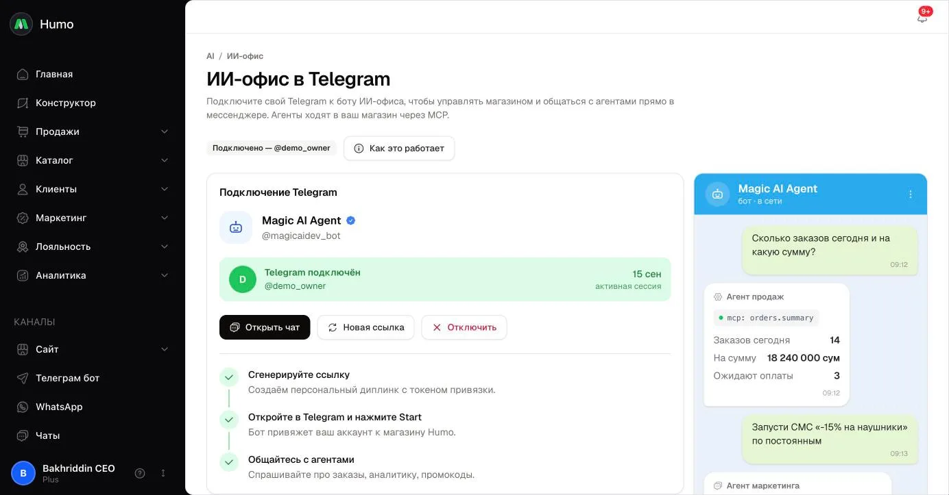 Страница «ИИ-офис в Telegram»: блок подключения со ссылкой и QR-кодом, шаги и возможности