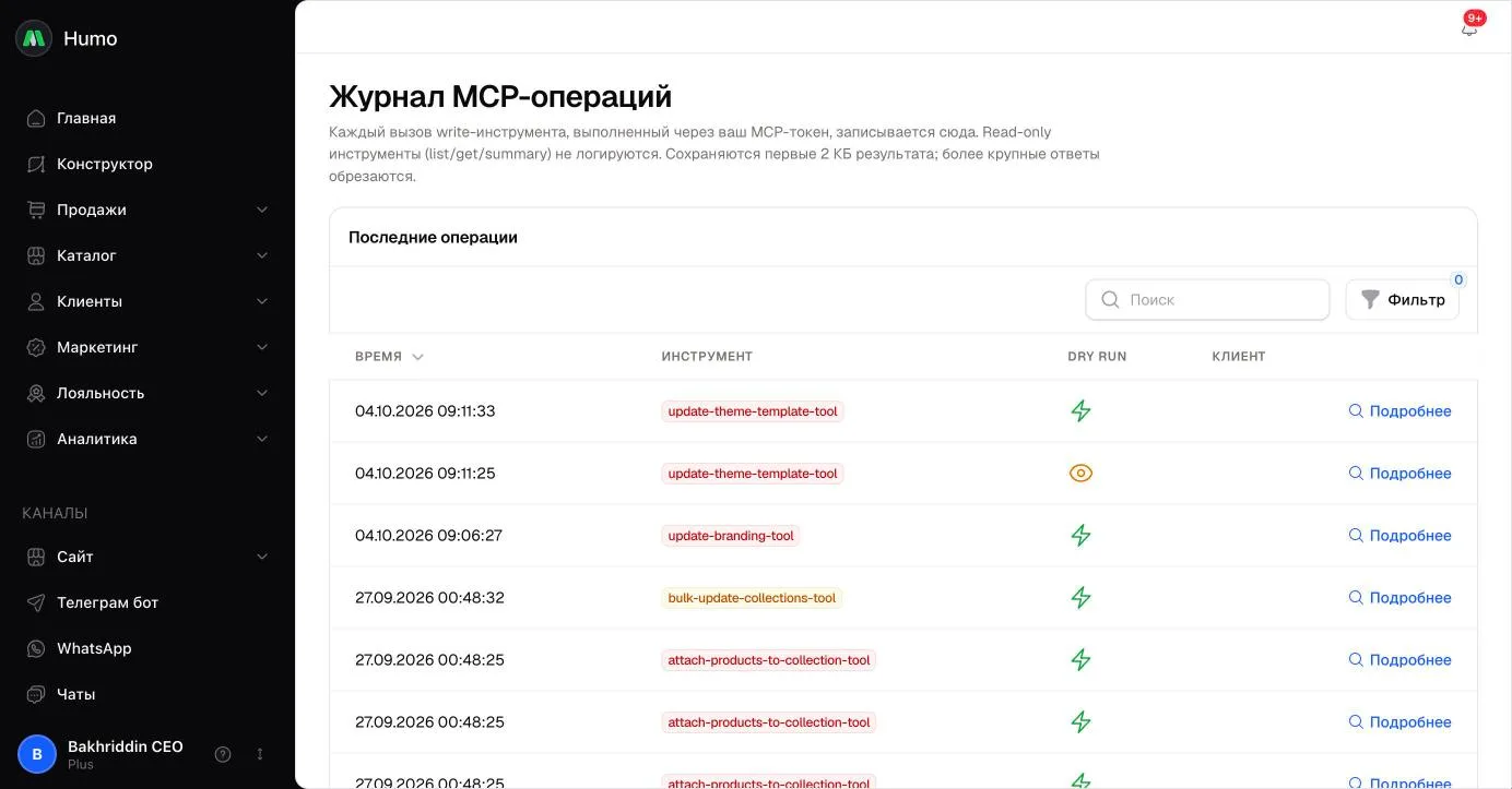 Журнал MCP-операций: время, инструмент, отметка dry run и клиент