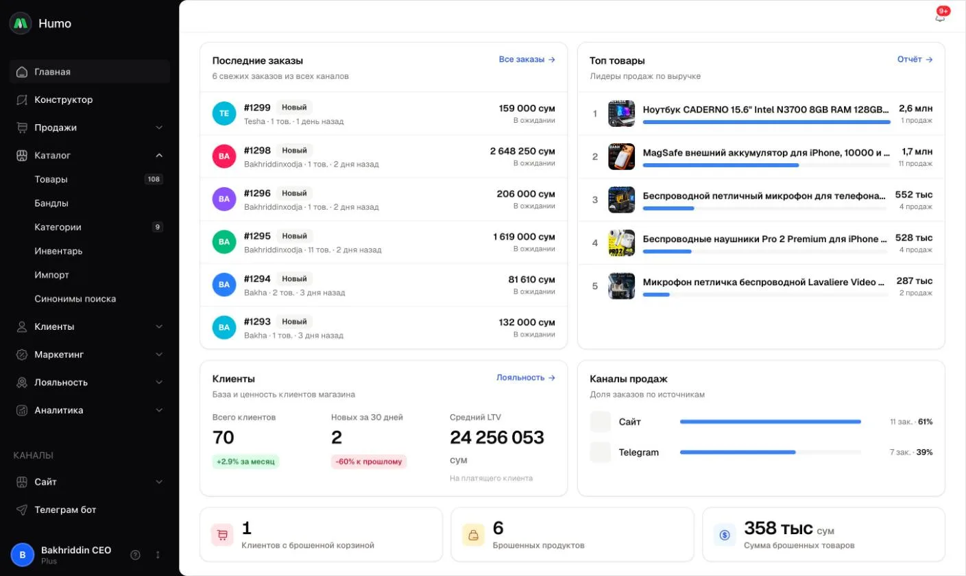 Блоки «Последние заказы», «Топ товары», «Клиенты» и «Каналы продаж»