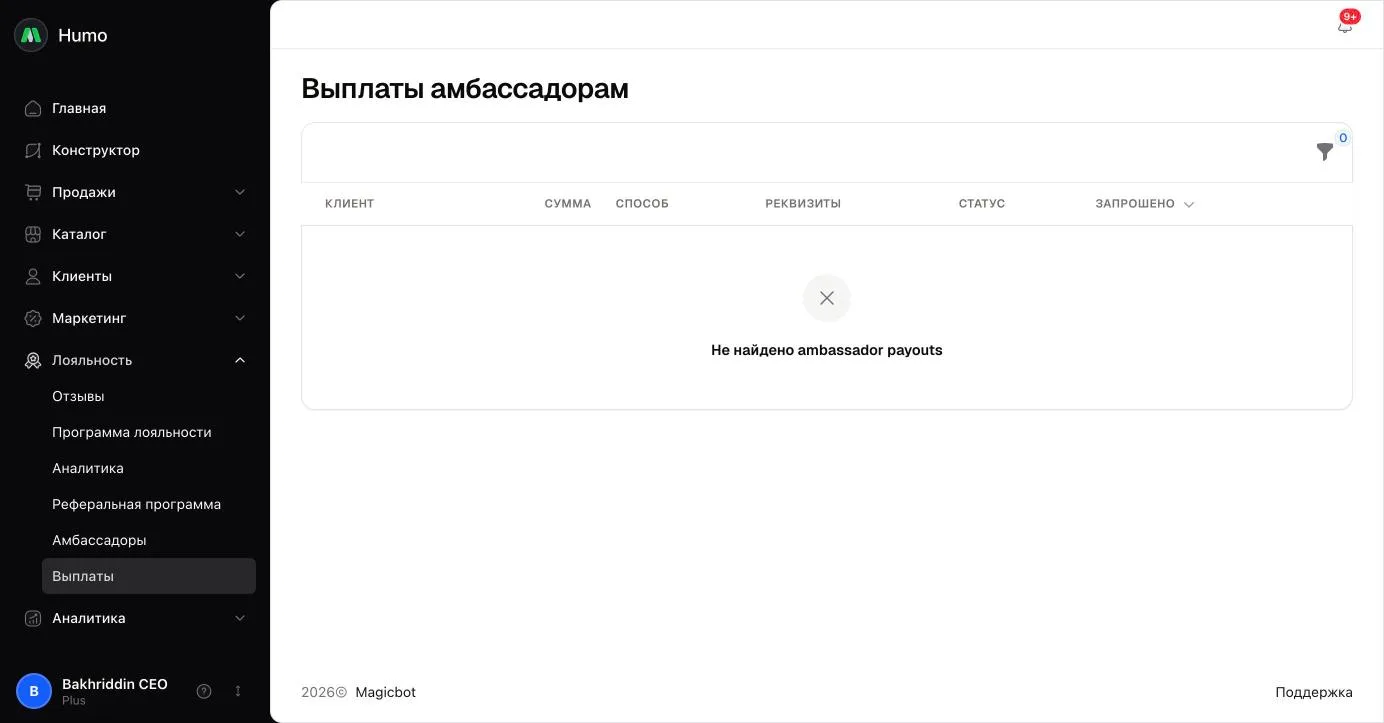Выплаты амбассадорам: сумма, способ, реквизиты, статус и действия