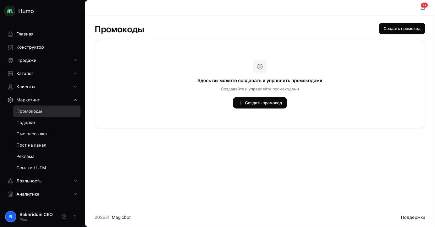 Список промокодов: код, тип, сумма, к каким товарам применяется, использования и статус