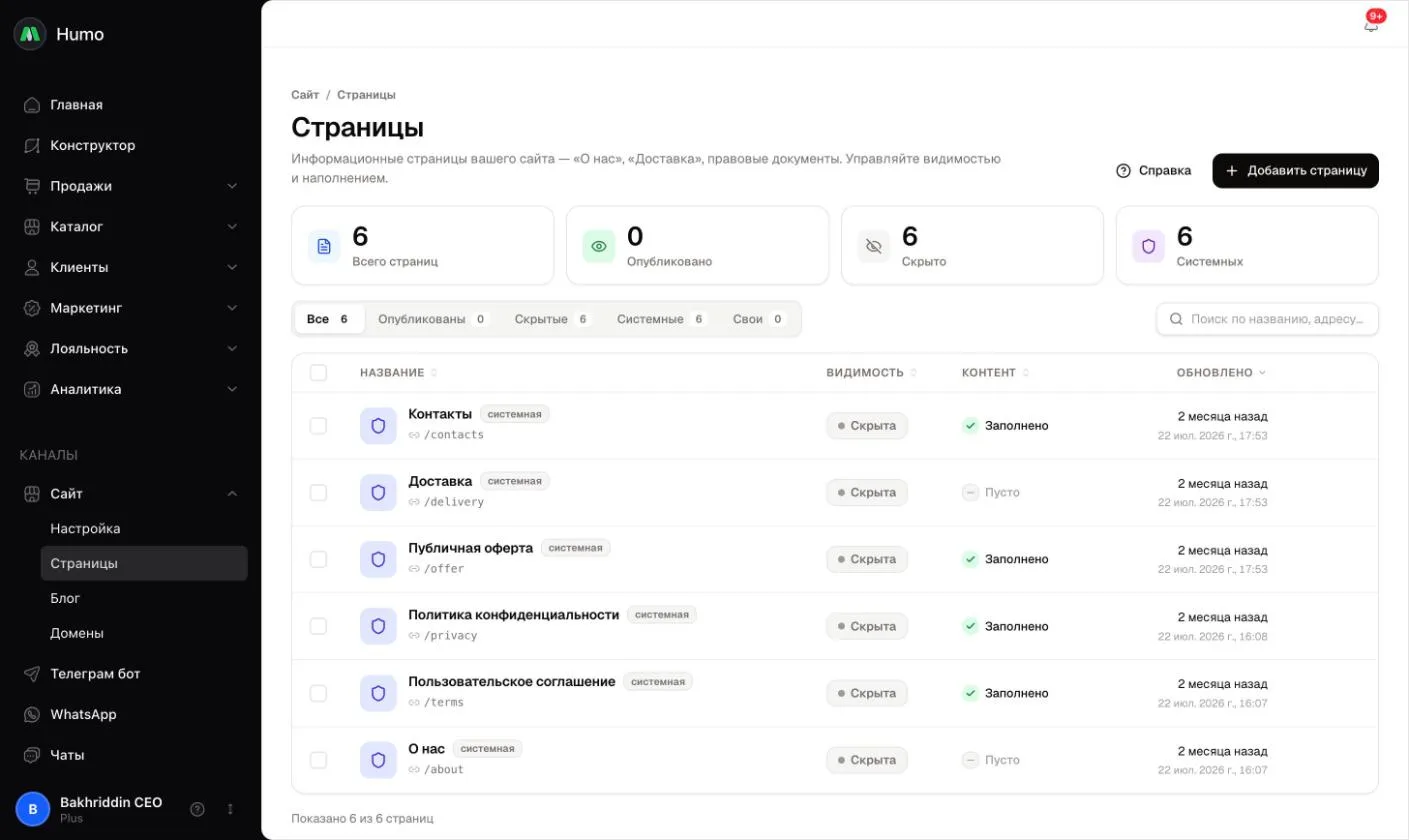 Sayt sahifalari ro‘yxati: hisoblagichlar, vkladkalar, ko‘rinish va «tizimli» hamda «qoralama» belgilari